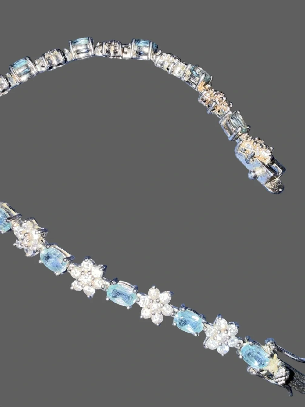 Vintage 925 Sterling Silver Blue Topaz & CZ Tennis Bracelet 7" JJT Floral Design - Picture 11 of 11